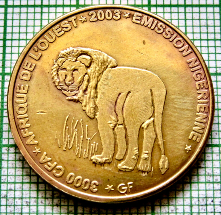 Read more about the article NIGER 2003 2 AFRICA or 3000 CFA COIN LION  Unusual Coinage Brass discolour