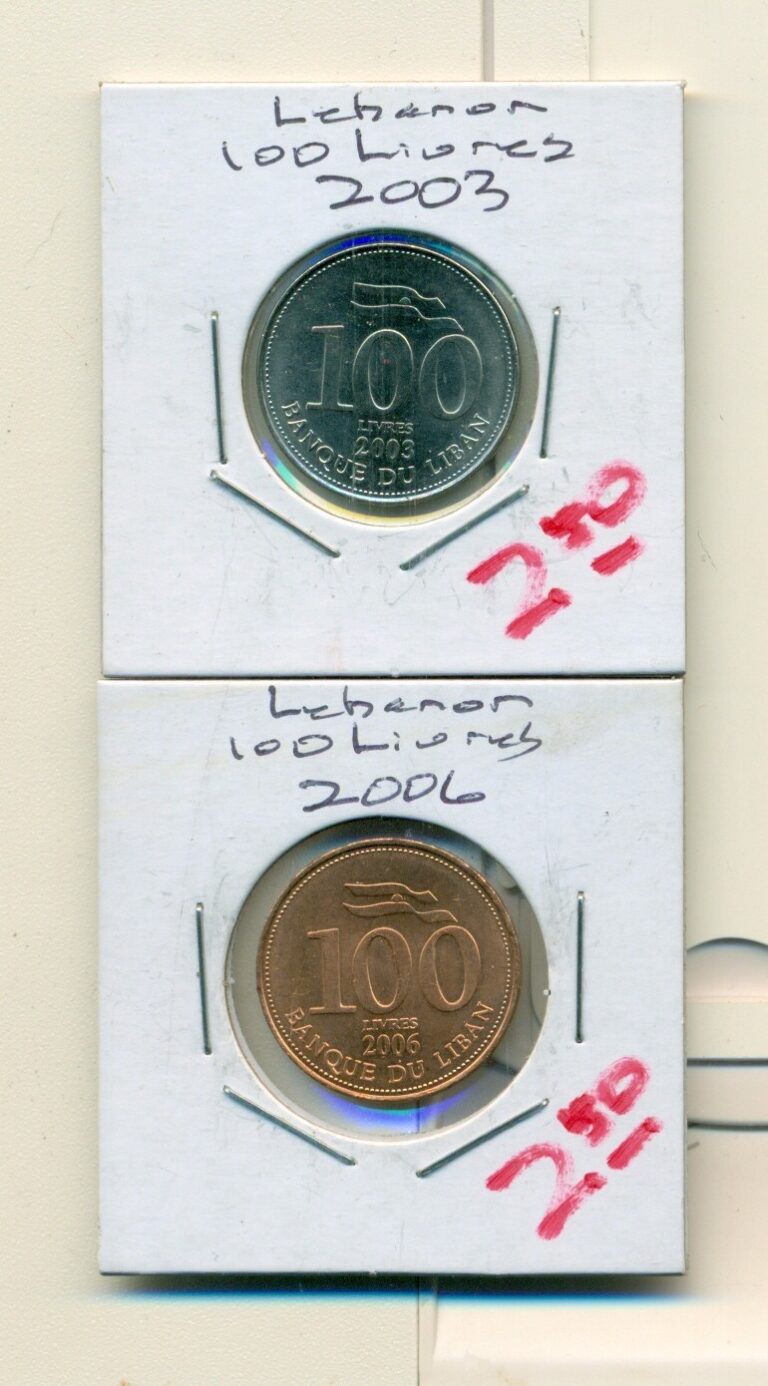 Read more about the article Show Inv – 2 AU-UNC 100 LIVRES COINS from LEBANON DATING 2003 and 2006 (2 TYPES)