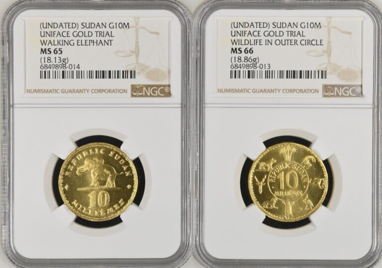 Read more about the article SOUTH SUDAN   PATTERN GOLD 10 MILLIEMES OBV. and REV. TRIALS NGC MS 65 and 66  RARE3