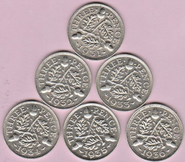 Read more about the article Great Britain (UK) Lot of 6 Silver Three Pence Coins 1931 to 1936 – km 831