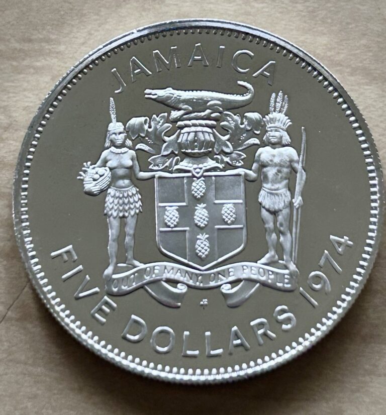 Read more about the article 1974 Jamaica 5 Dollar Proof Silver 22k Minted Huge 42mm