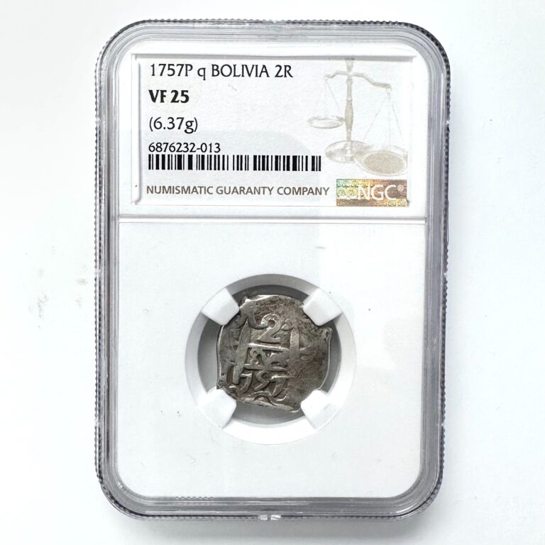 Read more about the article BOLIVIA  1757 P q 2 REALES (6.37g) SILVER COB COIN Spanish Colony NGC VF25