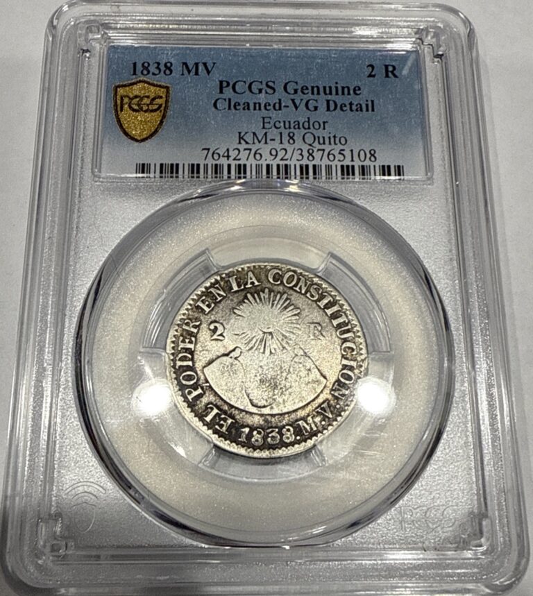 Read more about the article 1838 MV 2 Reales Ecuador Quito VG Detail Cleaned PCGS Rare