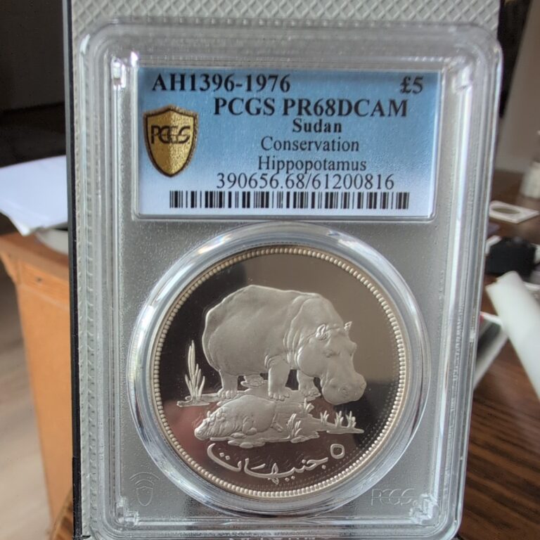 Read more about the article AH1396 1976 SUDAN SILVER PROOF coin  5 POUNDS HIPPOPOTAMUS  PCGS PR68DCAM