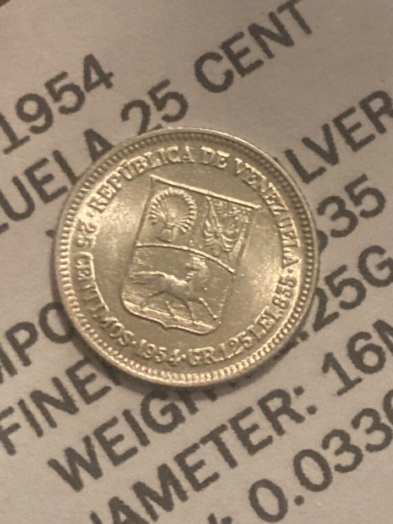Read more about the article 1954 Venezuela 25 Centimos Coin AU UNC .835 Silver P Mint USA