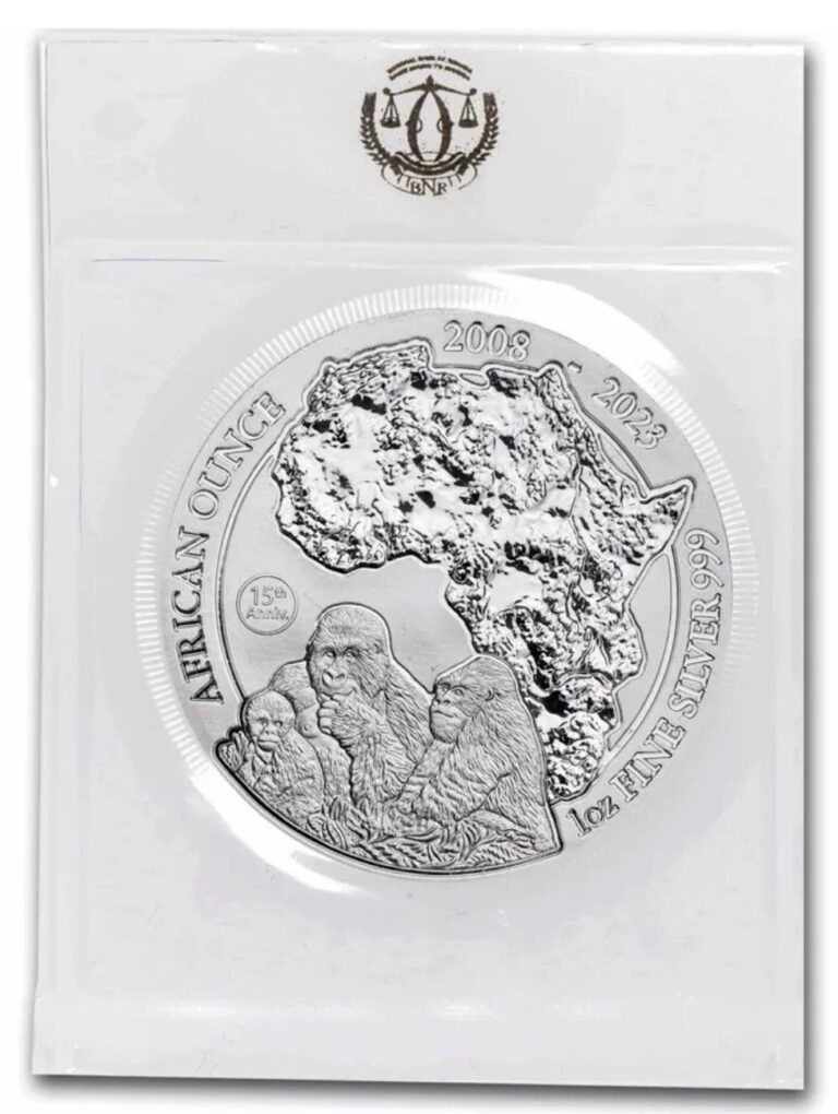 Read more about the article 2023 Rwanda 15th Anniversary African Ounce Mountain Gorilla BU 1 oz Silver Coin