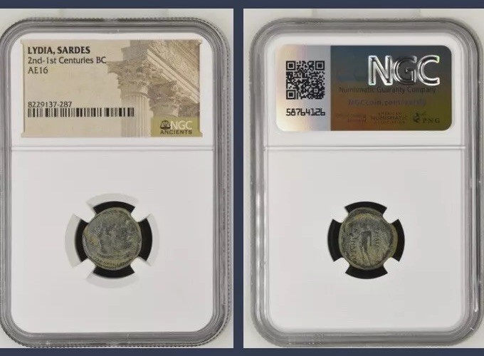 Read more about the article 133BC-14BC Ancient Greece Sardes Lydia Coin Apollo Heracles NGC AE16 Very Rare