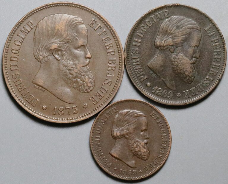 Read more about the article 1869 1873 Brazil 10 20 40 Reis Pedro II Type Set 3 Bronze XF Coins (25021608R)