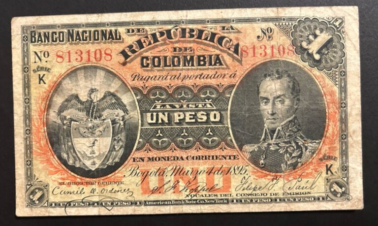 Read more about the article 1895 Colombia 1 Peso ABNC Currency Banco Nacional De La Republica Crisp VF (Rare