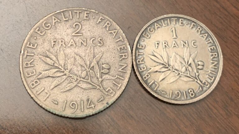 Read more about the article FRANCE-WWI-(2) .835 SILVER COINS-[(1)-1918-1 FRANC +(1)-1914 2 FRANCS]+Free SHIP