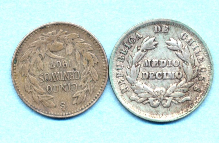 Read more about the article Chile 1881 Silver Medio Decimo XF and 1907S Silver Cinco centavos XF FREE SHIP