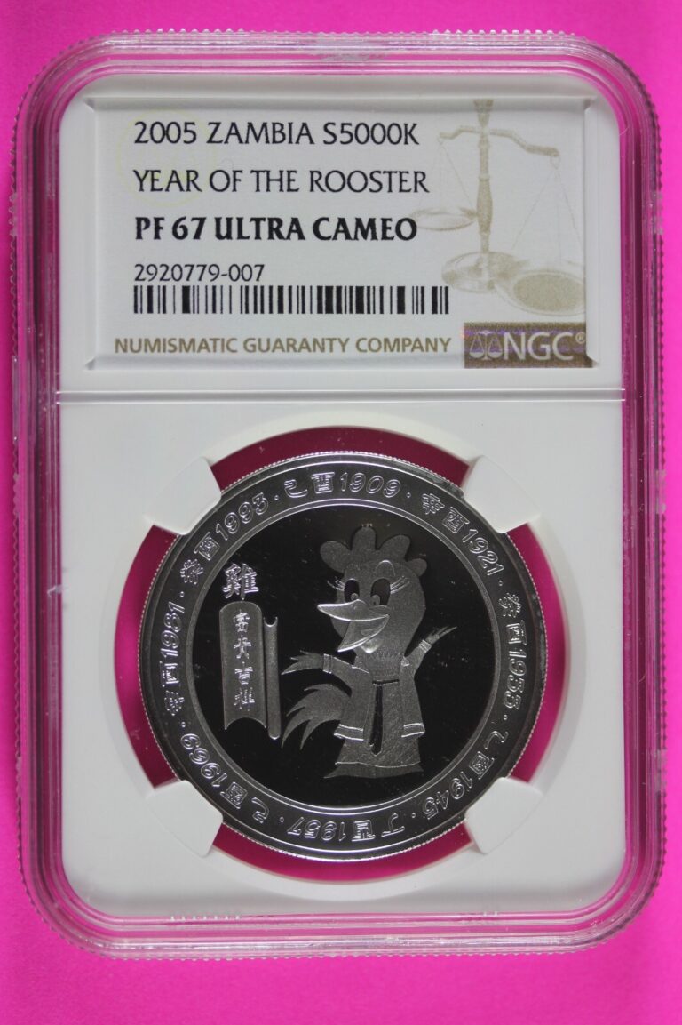 Read more about the article Top Pop Sole Finest 2005 PF 67 Zambia Year Of the Rooster 5000 K NGC Graded 440