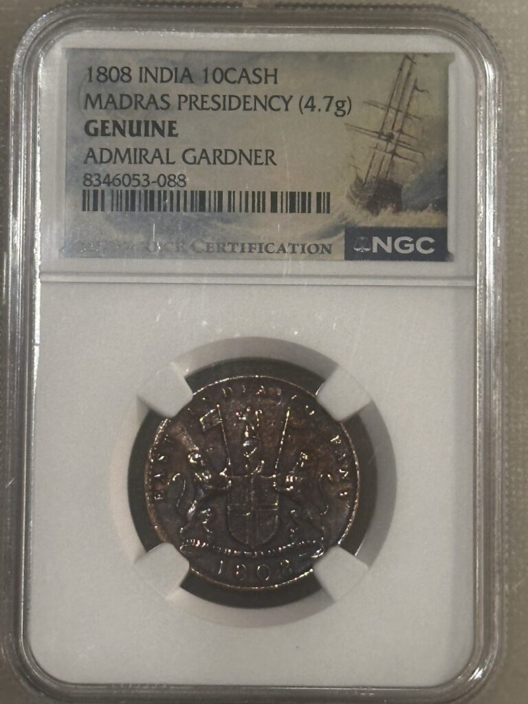 Read more about the article 1808 India 10 Cash Madras Presidency Genuine Admiral Gardner Shipwreck Coin NGC