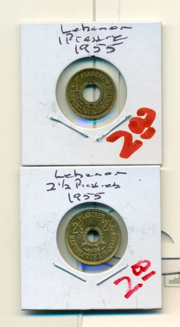 Read more about the article Show Inv – 2 AU-UNC COINS from LEBANON – 1 and 2 1/2 PIASTRES (BOTH DATING 1955)