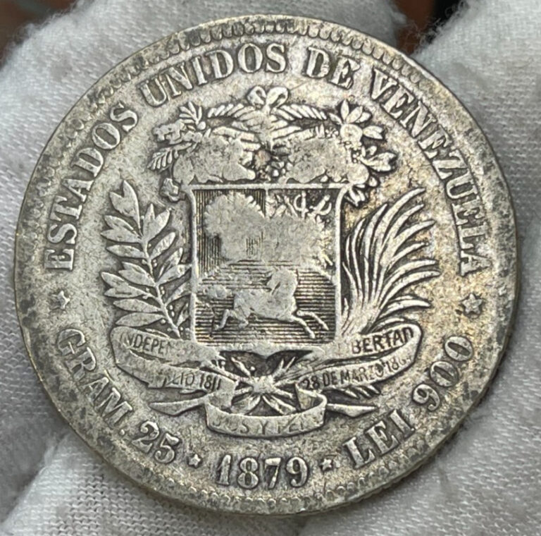 Read more about the article 1879 Venezuela 5 BOLIVARES 0.900 Fine Silver Crown Size Coin Low Mintage