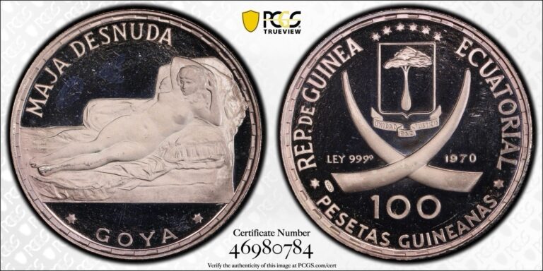 Read more about the article 1970 Equatorial Guinea 100 Pesetas Maja Desnuda PCGS PR66DCAM Silver Coin 1000