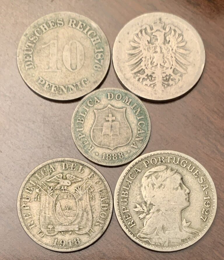 Read more about the article 1876-Reich Phennig-1888 Dominican Centavos-Ecuador-Portuguesa 19th+20th Cn Coins