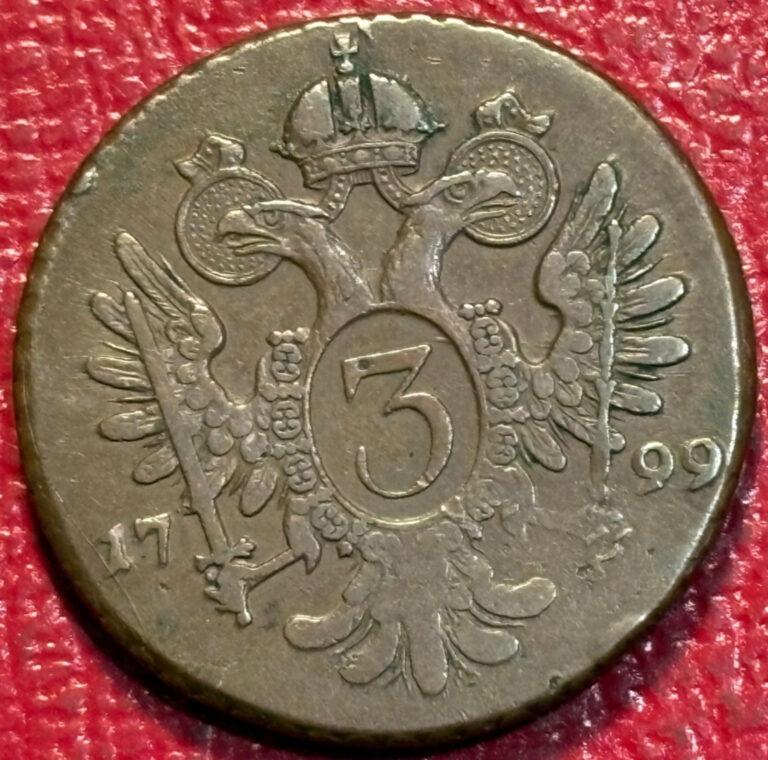 Read more about the article VERY NICE 1799 B   AUSTRIA 3 KREUZER COIN-CORRECT WEIGHT 19 GRAMS-JUN134