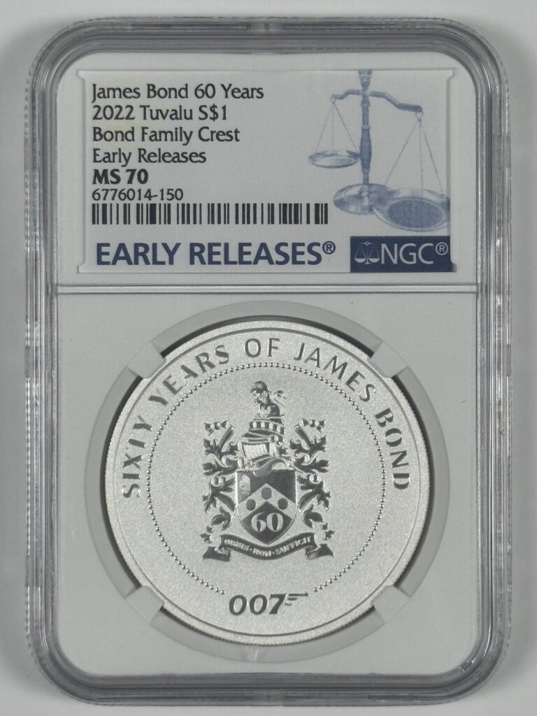 Read more about the article 2022 TUVALU $1 SILVER JAMES BOND 60 YEARS FAMILY CREST NGC MS70 EARLY RELEASES