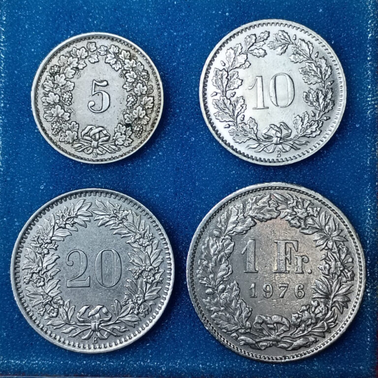 Read more about the article Swiss Coin Lot of 4  1976 1 Franc  1959 20 Rappen  1969 10 Rappen  1942 5 Rappen
