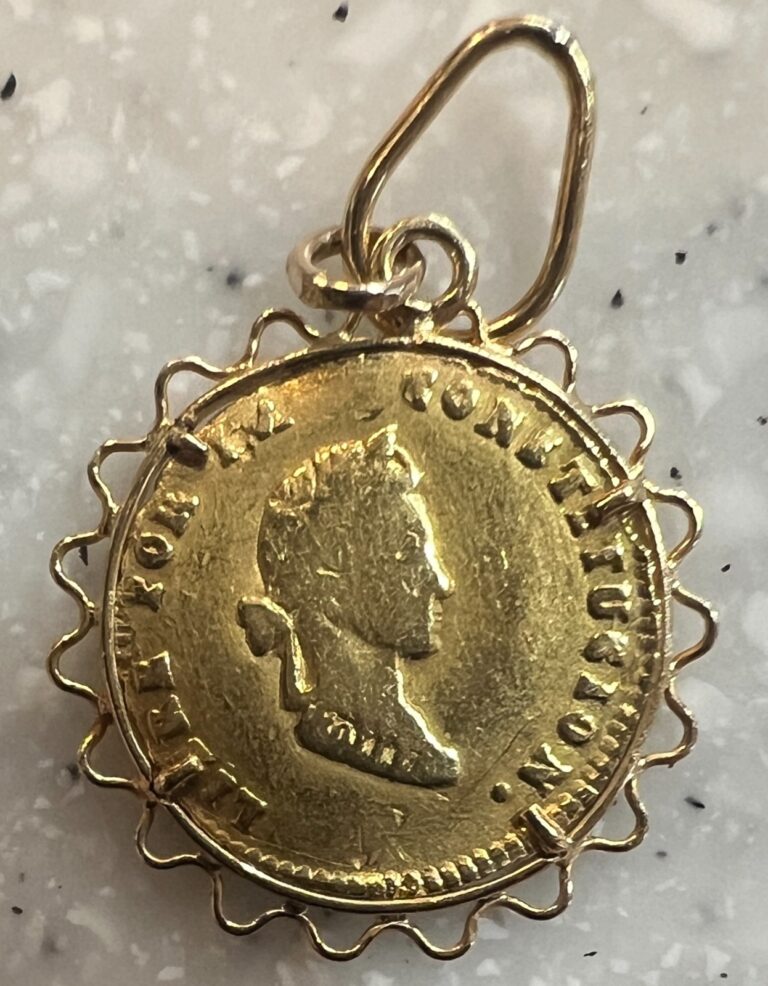 Read more about the article 1852 Bolivia 1/2 Scudo Gold Piece in Pendant Mounting – KM113