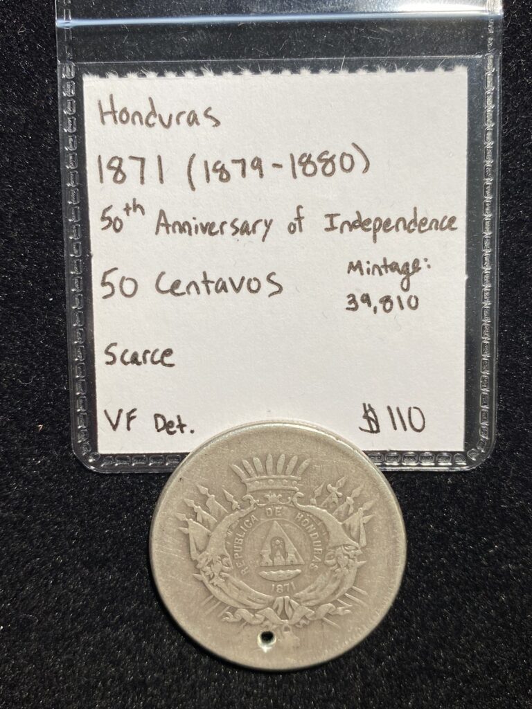 Read more about the article Scarce 1871 (1880) Honduras SILVER 50 Centavos (50th Anniversary Commemorative)