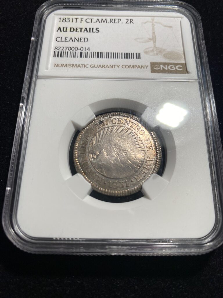 Read more about the article !!RARE!! Central American Republic (Honduras) 1831 TF 2 Reales NGC AU!!! TONING!