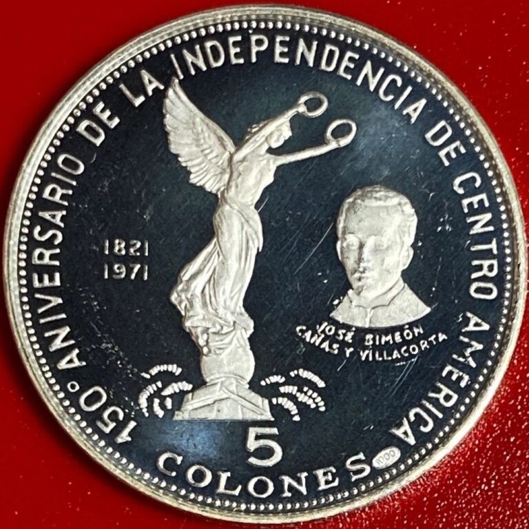 Read more about the article 1971 EL SALVADOR 5 COLONES SILVER PROOF INDEPENDENCE LIBERTY STATUE CANAS BUST