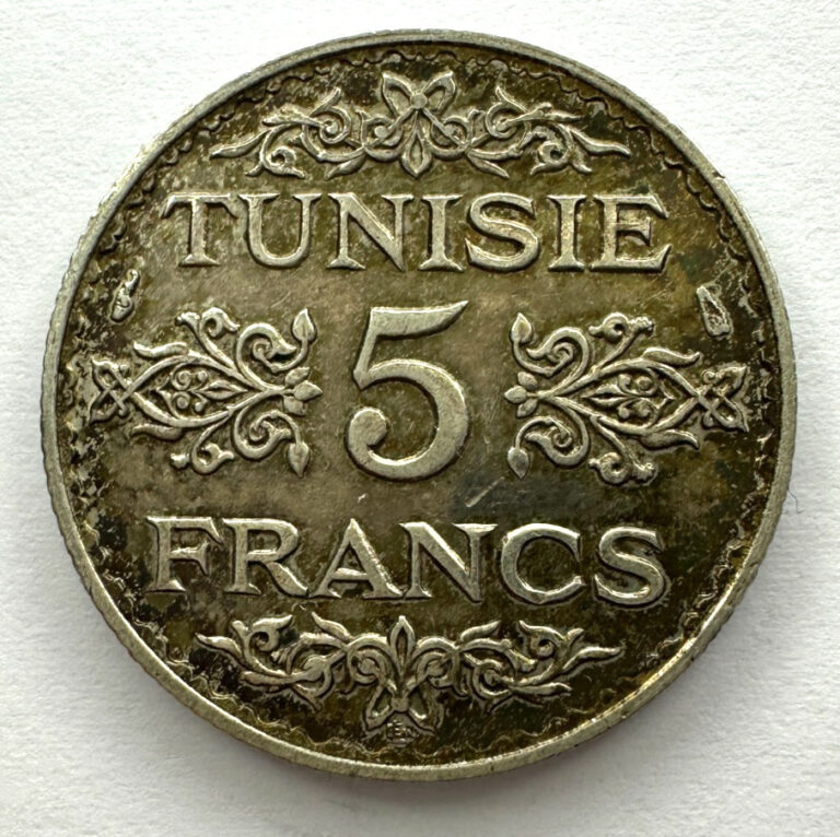 Read more about the article 1936 (1355AH) Tunisia 5 Francs Coin  Silver 0.68  24mm  MS Mint State  Toning