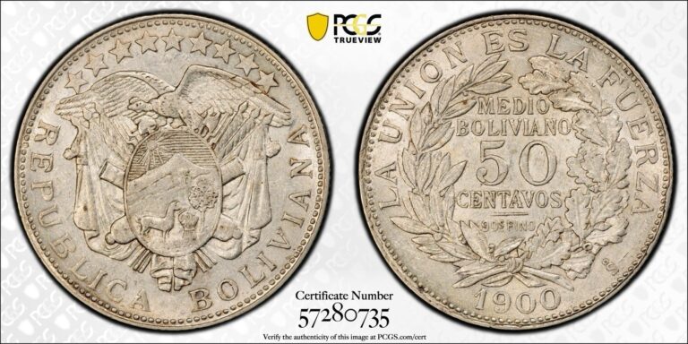 Read more about the article 1900 So Bolivia Silver 50 Centavos “ Top Pop” Pcgs Au58 Only 2 Graded!