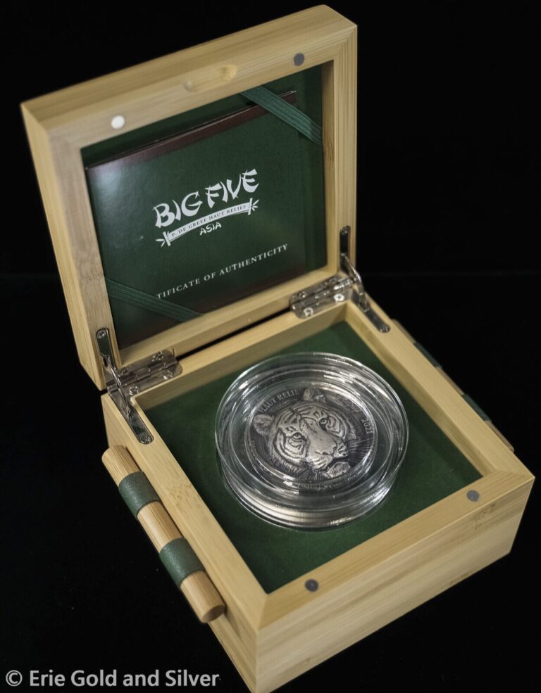 Read more about the article 2021 5000 Francs Ivory Coast Big 5 Asia Tiger 5 oz Silver Coin in OGP