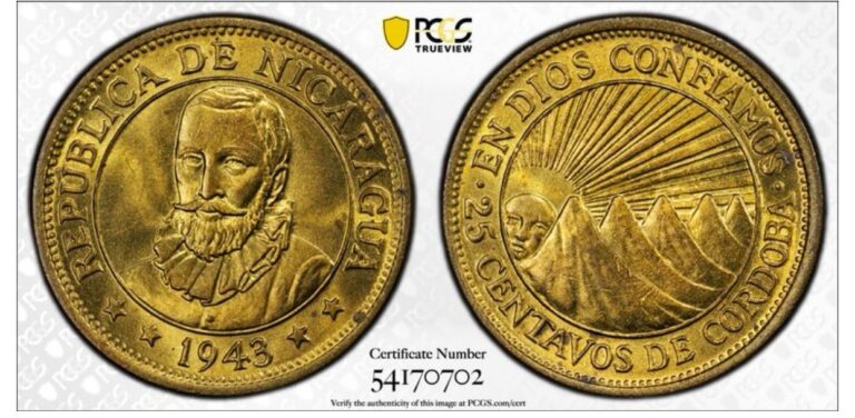 Read more about the article 1943 NICARAGUA BRASS 25 CENTAVOS PCGS MS65