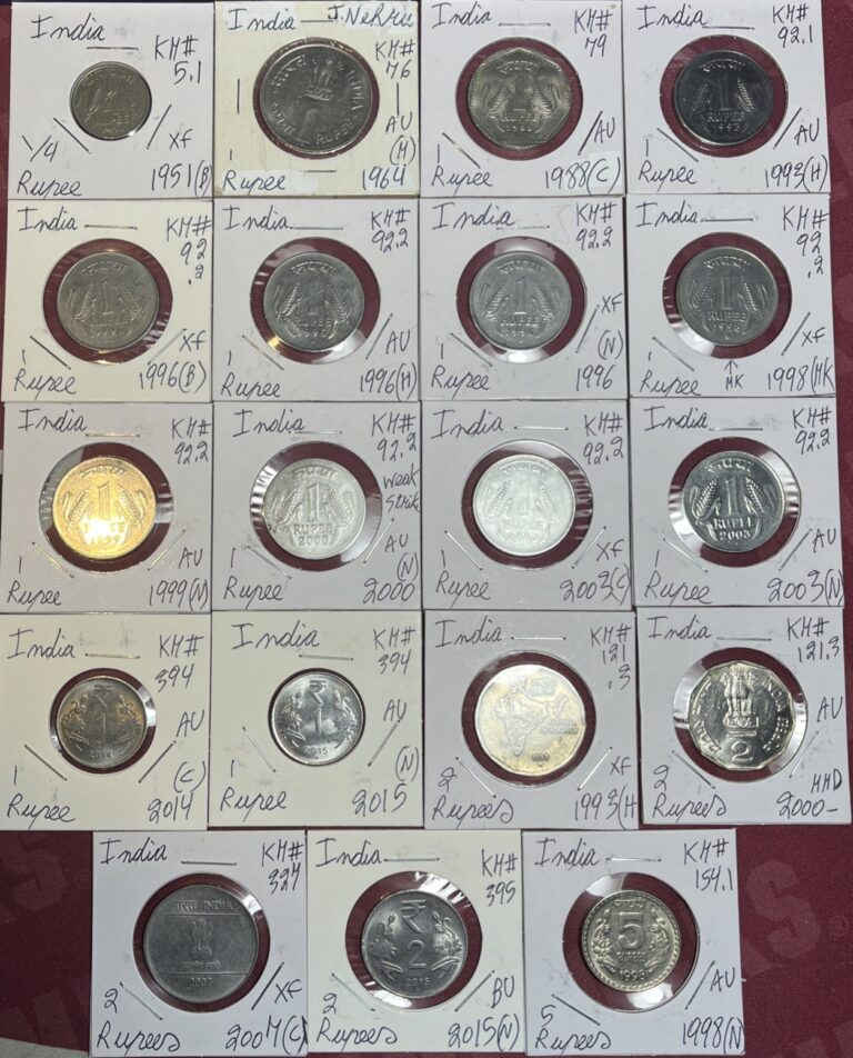 Read more about the article India 1/4  1  2 and 5 Rupees 1951 – 2015 XF – BU Condition 19 coin lot