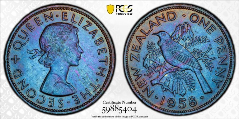 Read more about the article MS63BN 1958 New Zealand 1 Penny  PCGS Trueview- VIVID Blue Toned SOLO TOP POP!