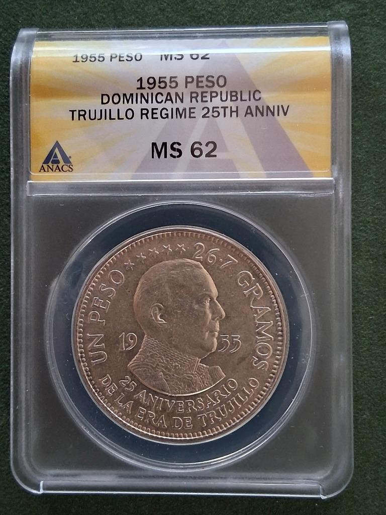Read more about the article DOMINICAN REPUBLIC – 1955 silver Peso – Trujillo Regime – ANACS MS62