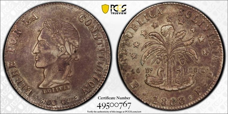 Read more about the article 1863 PTS FP PCGS XF45 – Bolivia Silver 8 Soles Coin #56109B