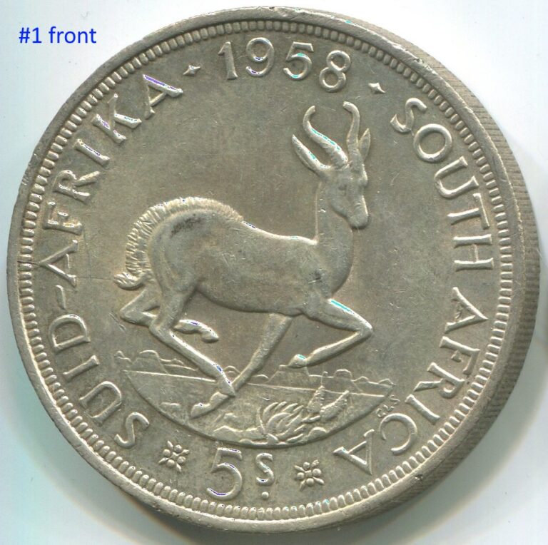 Read more about the article South Africa 1958  5 Shillings silver coin KM#52 mintage 233.5K high grade. C008