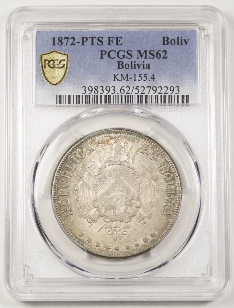 Read more about the article BOLIVIA 1872 PTS FE Boliviano Silver Coin PCGS MS62 UNC/BU KM 155.4 Potosi Mint