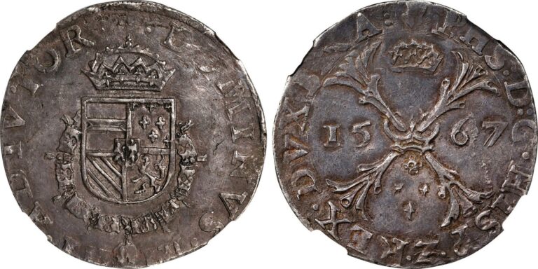 Read more about the article Spain 1567 King Philip II   Silver Taler   Brabant. Thaler  NGC AU-58. Top Pop !