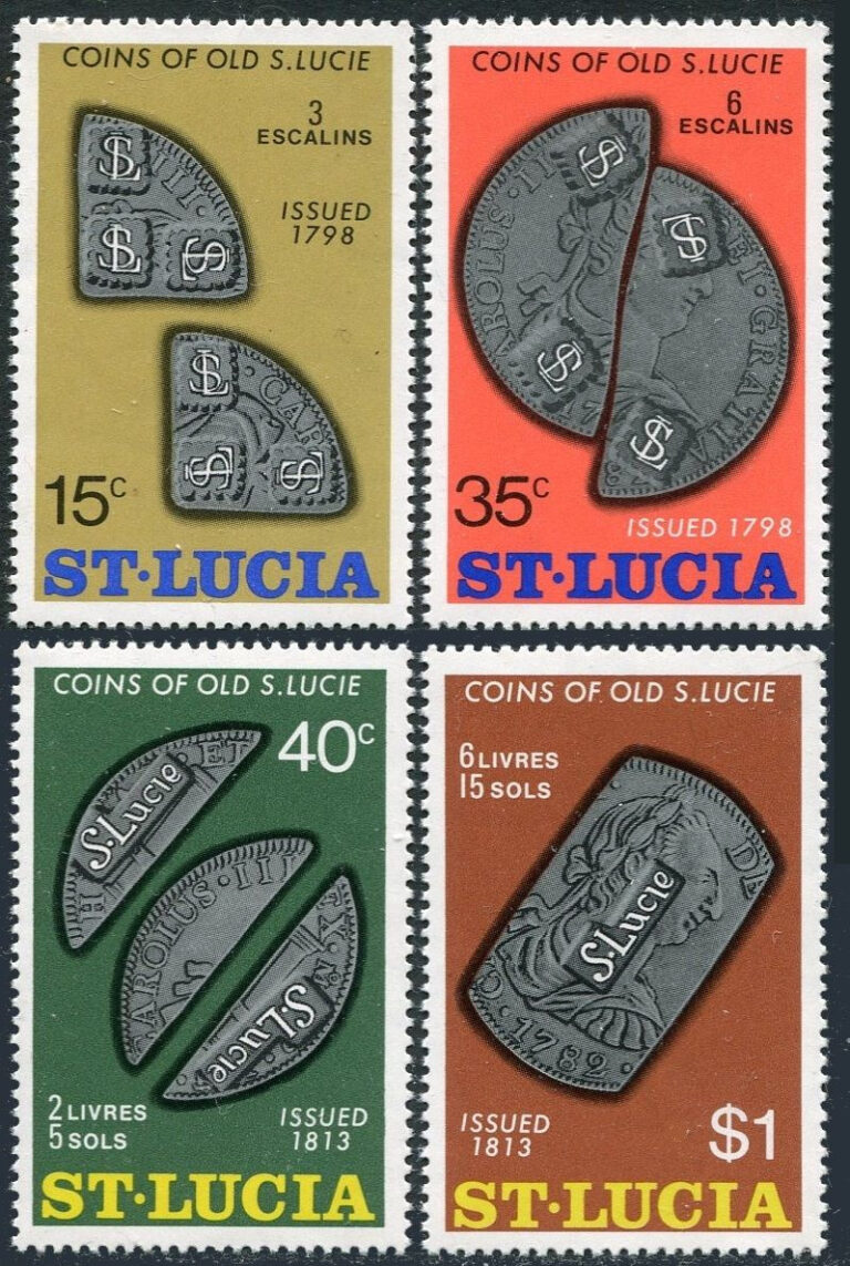 Read more about the article St Lucia 355-358  358a  MNH. Michel 348-351  Bl.4. Coins of old St Lucie  1974.