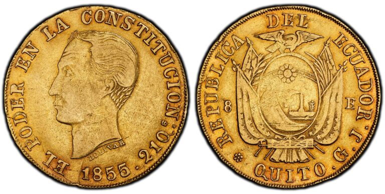 Read more about the article ECUADOR. 1855/2 GJ AV 8 Escudos. PCGS XF40 Quito. KM 34.1; Fr.-8 Onza 1174