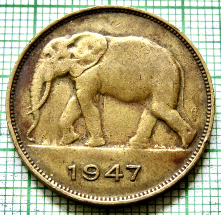 Read more about the article BELGIAN CONGO 1947 5 FRANCS Colonial Coinage  Elephant km# 29 one year type