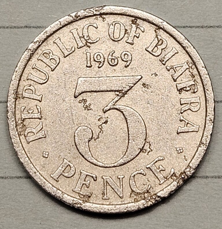 Read more about the article Biafra Independent Republic 3 Pence 1969. KM#1. Rare 3d coin. Palm Tree. 1 Year.