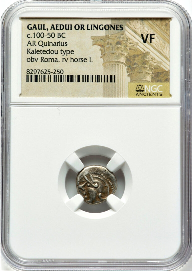 Read more about the article 100-50 BC GAUL AEDUI LINGONES Ancient Greek Silver Quinarius Coin NGC VF
