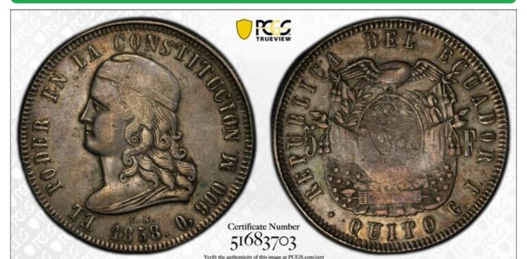 Read more about the article Ecuador 5 Francos 1858 GJ KM# 39  Silver 24.89 g.; Quito Mint PCGS XF40