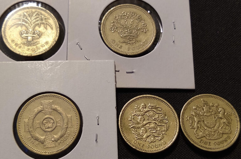 Read more about the article 5 different great britain 1 pound coins 1983 1985 1991 1996 1997 types qe2 heads