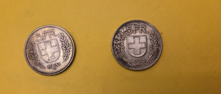Read more about the article 2  Switzerland 5  Silver Franc Coins 1931  1932