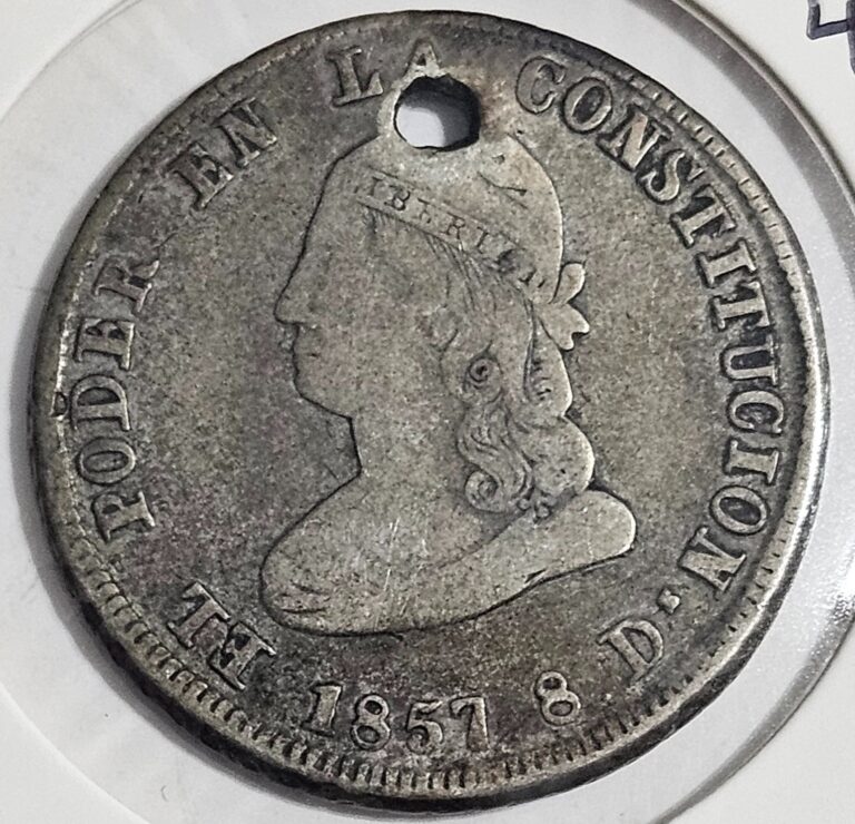 Read more about the article 1857 Ecuador 4 Reales Silver Coin Quito GJ – Holed – FREE SHIPPING!