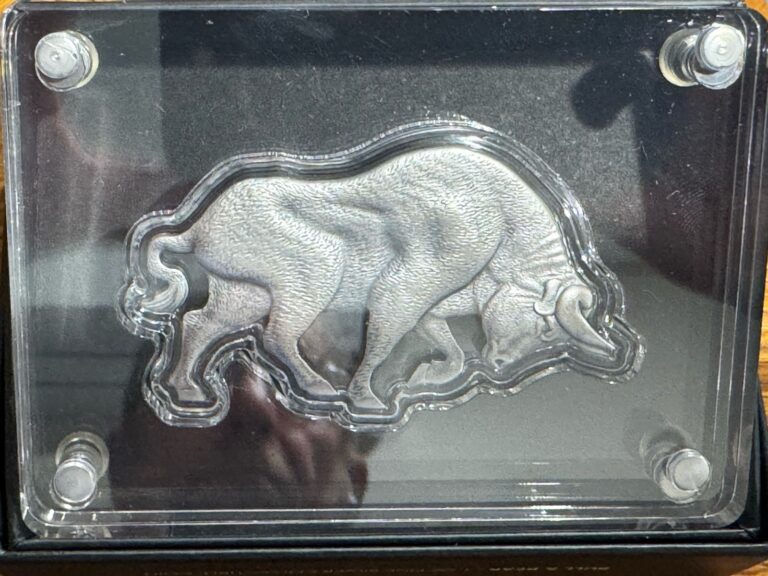 Read more about the article 2021 Chad 1 oz Silver Bull Shaped Antiqued HR Coins in Boxes  2500 Mintage