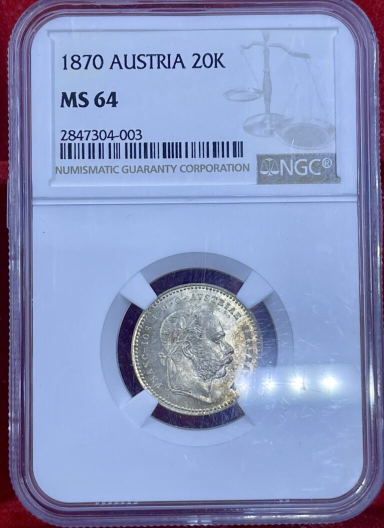 Read more about the article AUSTRIA   SILVER 20 KREUZER 1868 – NGC MS 64 Coin